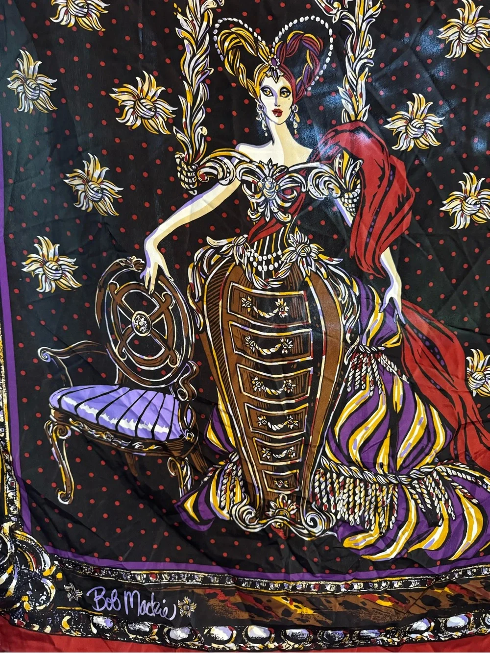 Vintage Bob Mackie Wearable Art 100% Silk Baroque Style Woman in Gown Scarf